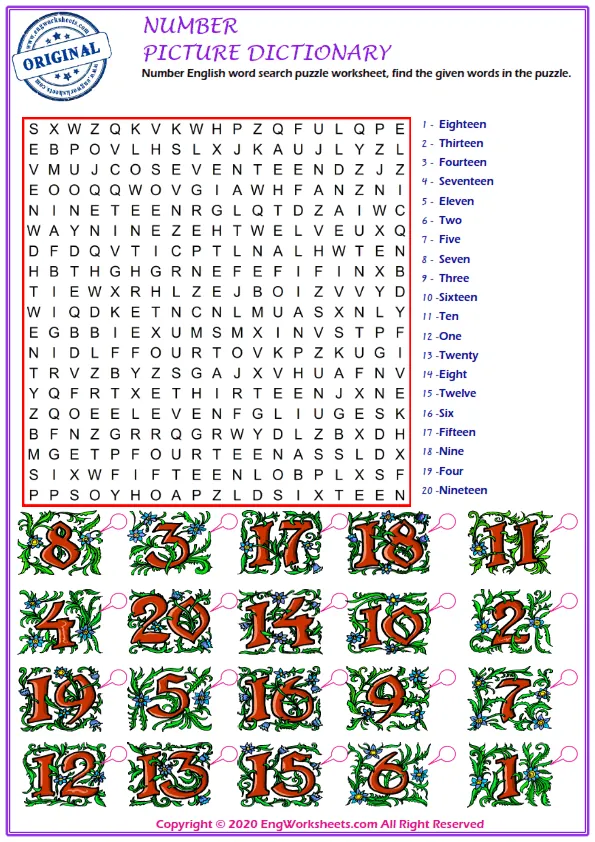 Number English word search puzzle worksheet, find the given words in the puzzle. Worksheet Preview