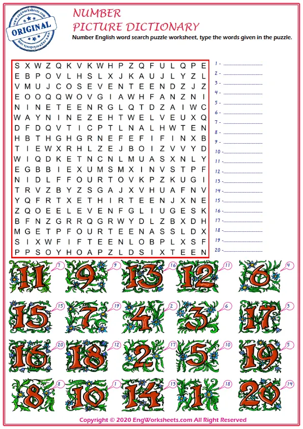 Number English word search puzzle worksheet, type the words given in the puzzle. Worksheet Preview