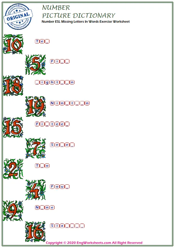 Number ESL Missing Letters In Words Exercise Worksheet Worksheet Preview