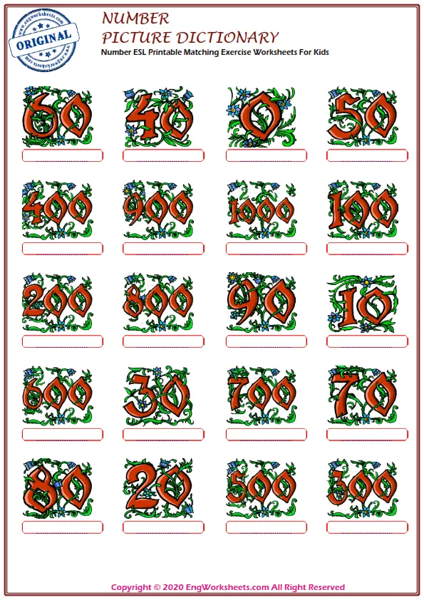 Number ESL Printable Matching Exercise Worksheets For Kids