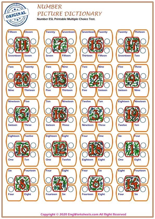 Number ESL Printable Multiple Choice Test. Worksheet Preview