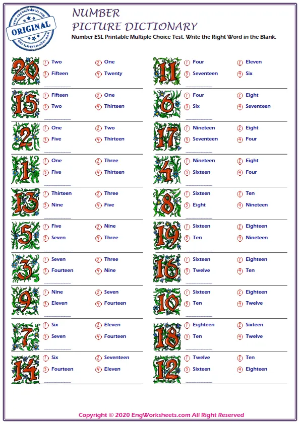 Number ESL Printable Multiple Choice Test. Write the Right Word in the Blank. Worksheet Preview