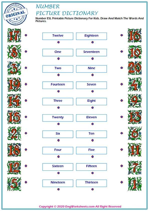 Number ESL Printable Picture Dictionary For Kids. Draw And Match The Words And Pictures. Worksheet Preview