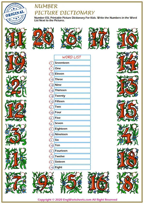 Number ESL Printable Picture Dictionary For Kids. Write the Numbers in the Word List Next to the Pictures. Worksheet Preview
