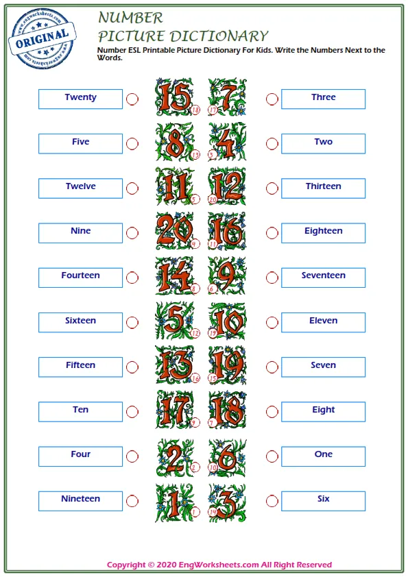 Number ESL Printable Picture Dictionary For Kids. Write the Numbers Next to the Words. Worksheet Preview