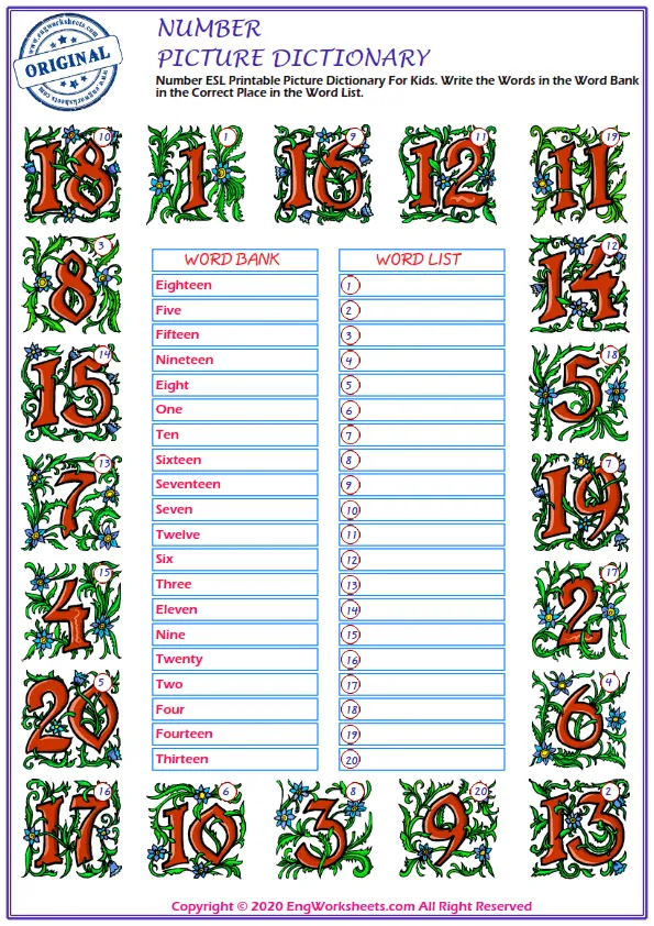 Number ESL Printable Picture Dictionary For Kids. Write the Words in the Word Bank in the Correct Place in the Word List. Worksheet Preview