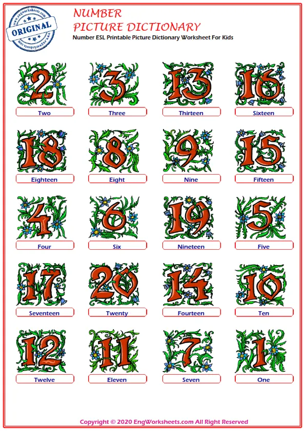 Number ESL Printable Picture Dictionary Worksheet For Kids Worksheet Preview