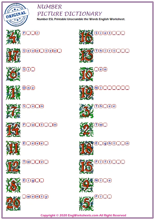 Number ESL Printable Unscramble the Words English Worksheet. Worksheet Preview