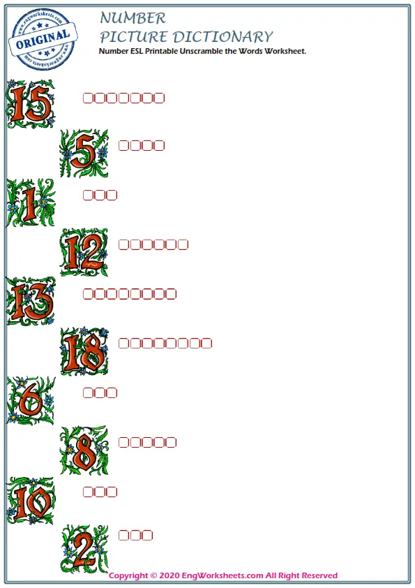 Number ESL Printable Unscramble the Words Worksheet. Worksheet Preview
