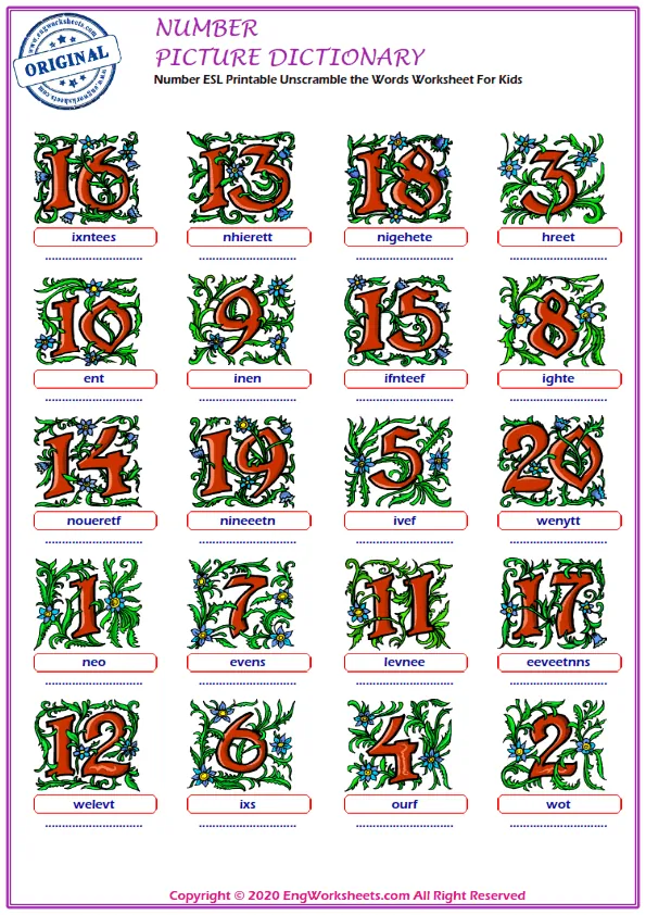 Number ESL Printable Unscramble the Words Worksheet For Kids Worksheet Preview