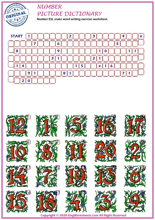 Number ESL snake word writing exercise worksheet. Worksheet Preview