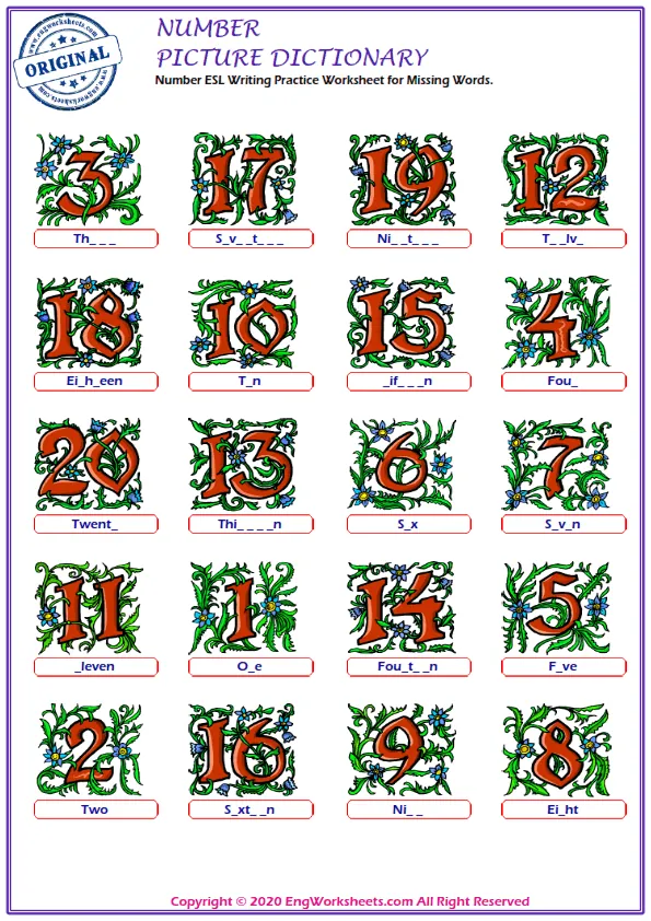 Number ESL Writing Practice Worksheet for Missing Words.