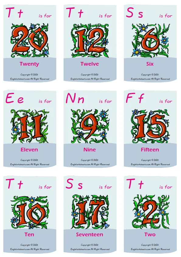 Number vocabulary worksheet with words, nine images per page Worksheet Preview