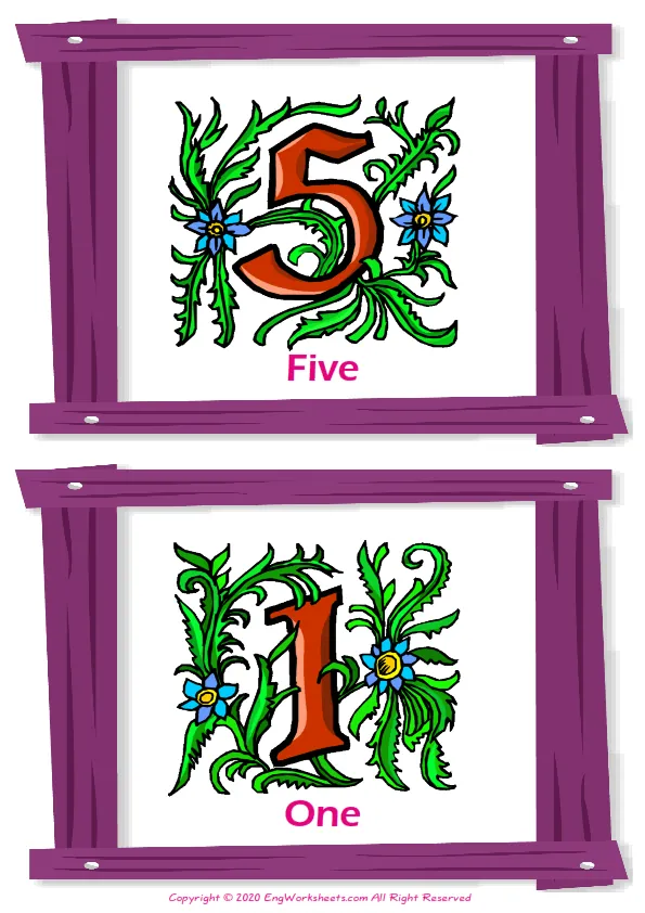 Number vocabulary worksheet with words, two images per page Worksheet Preview