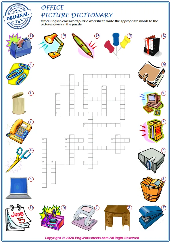 Office English crossword puzzle worksheet, write the appropriate words to the pictures given in the puzzle. Worksheet Preview