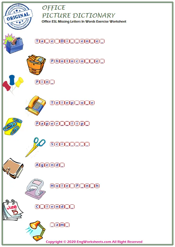 Office ESL Missing Letters In Words Exercise Worksheet Worksheet Preview