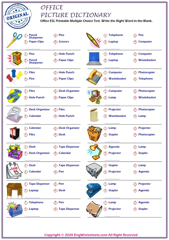 Office ESL Printable Multiple Choice Test. Write the Right Word in the Blank. Worksheet Preview