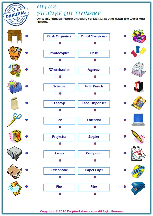 Office ESL Printable Picture Dictionary For Kids. Draw And Match The Words And Pictures.