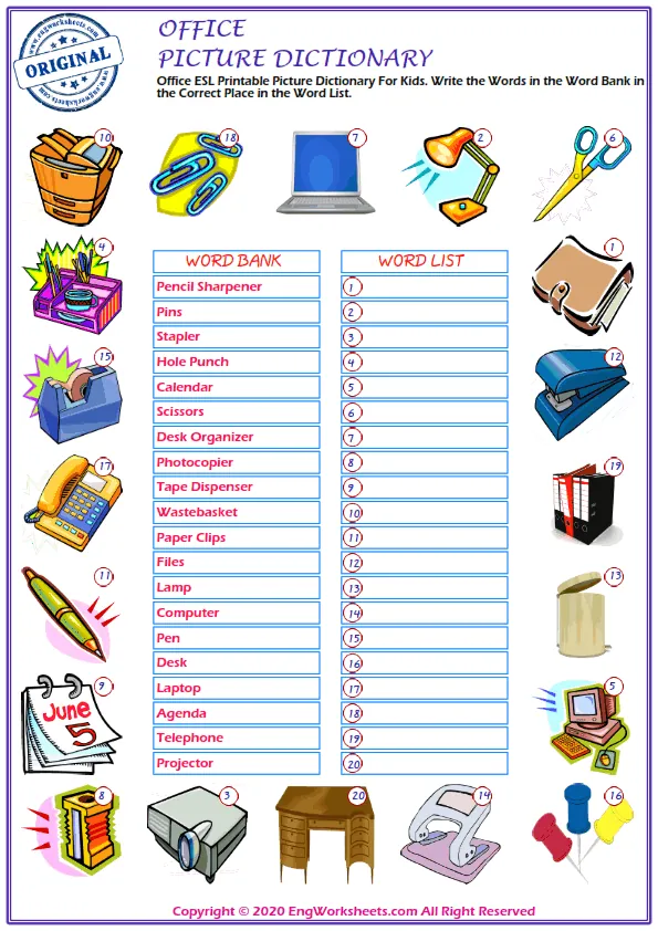 Office ESL Printable Picture Dictionary For Kids. Write the Words in the Word Bank in the Correct Place in the Word List. Worksheet Preview