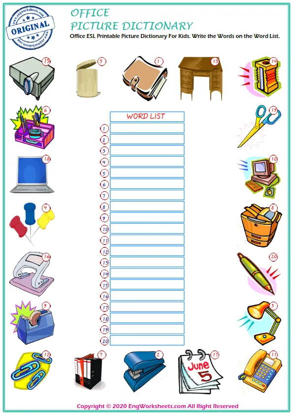 Office ESL Printable Picture Dictionary For Kids. Write the Words on the Word List. Worksheet Preview
