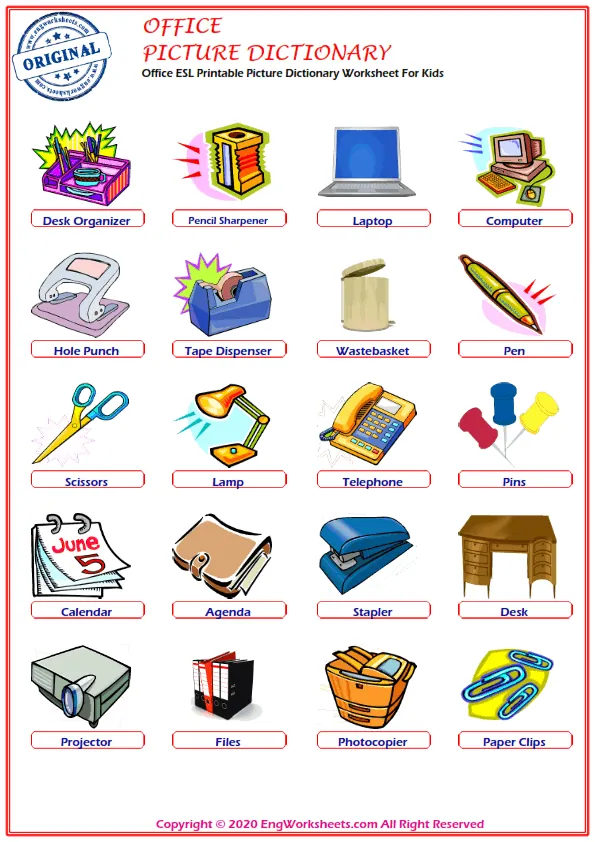 Office ESL Printable Picture Dictionary Worksheet For Kids Worksheet Preview