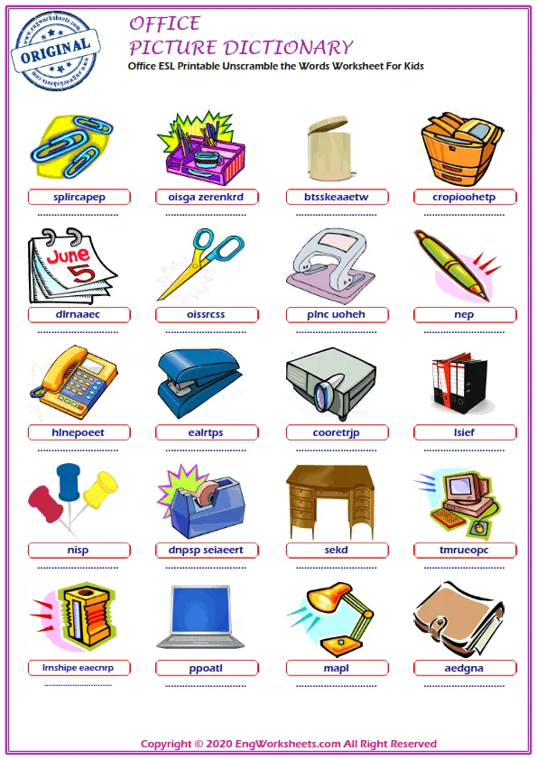 Office ESL Printable Unscramble the Words Worksheet For Kids Worksheet Preview