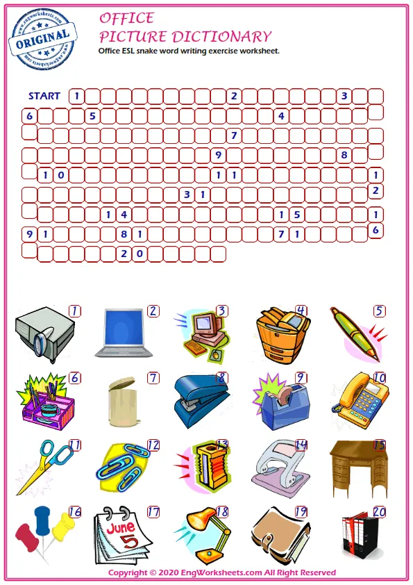Office ESL snake word writing exercise worksheet. Worksheet Preview