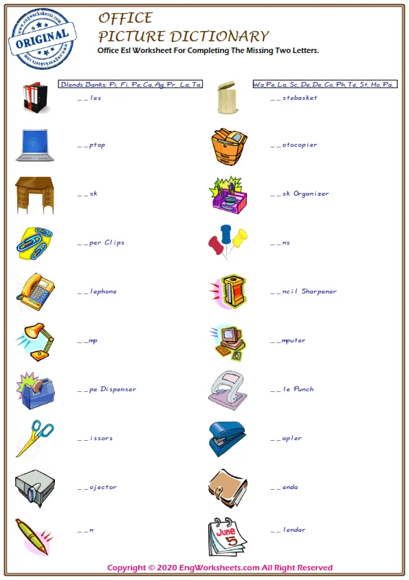 Office Esl Worksheet For Completing The Missing Two Letters. Worksheet Preview