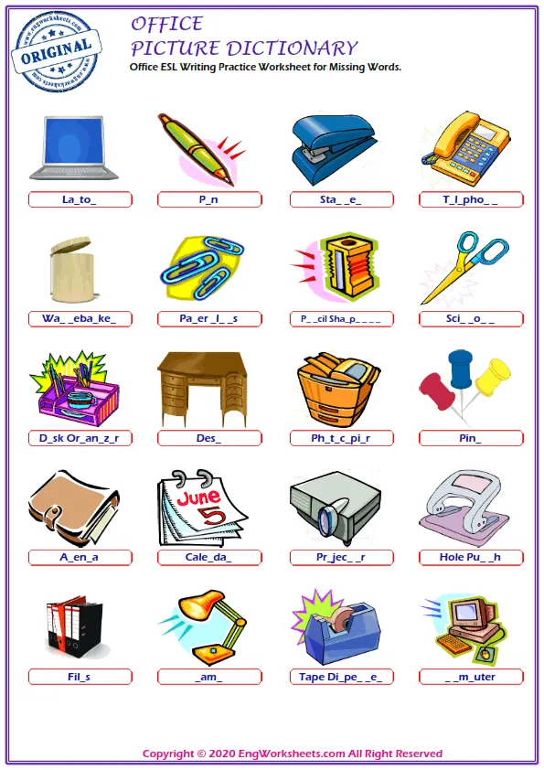 Office ESL Writing Practice Worksheet for Missing Words. Worksheet Preview