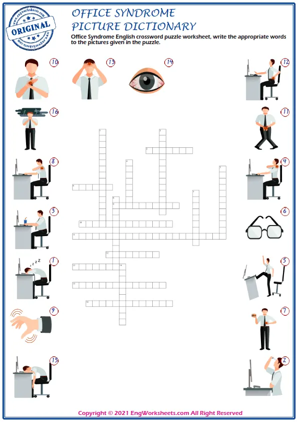 Office Syndrome English crossword puzzle worksheet, write the appropriate words to the pictures given in the puzzle. Worksheet Preview