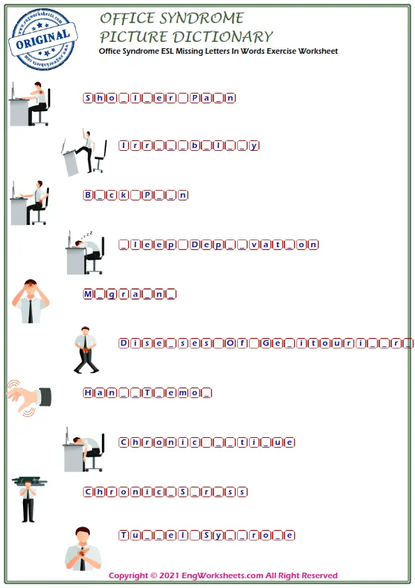 Office Syndrome ESL Missing Letters In Words Exercise Worksheet Worksheet Preview