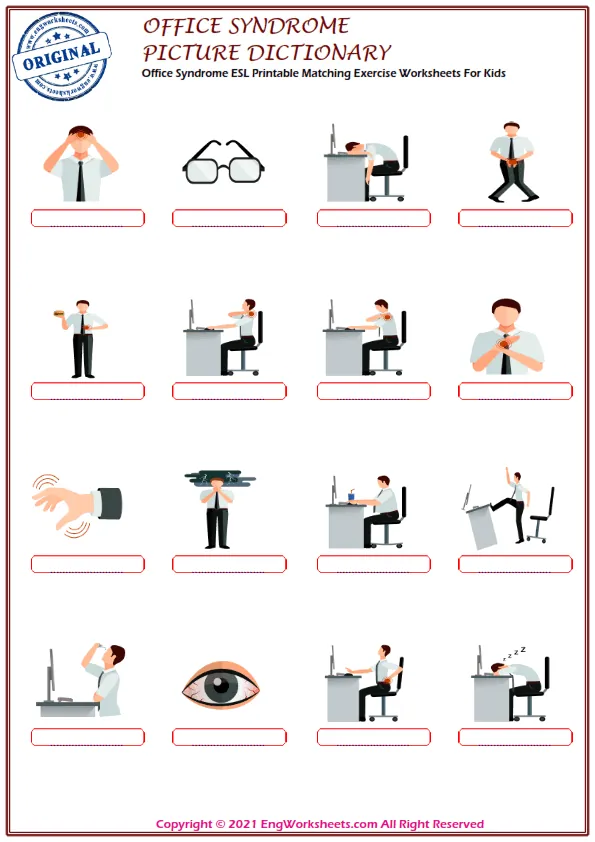 Office Syndrome ESL Printable Matching Exercise Worksheets For Kids