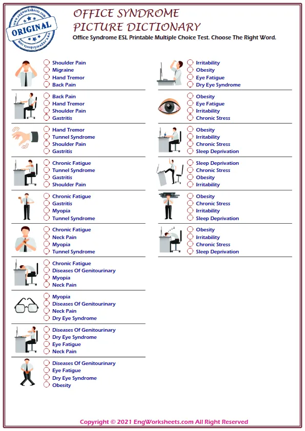 Office Syndrome ESL Printable Multiple Choice Test. Choose The Right Word. Worksheet Preview