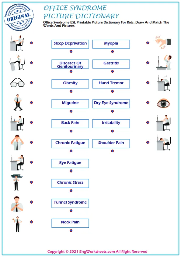 Office Syndrome ESL Printable Picture Dictionary For Kids. Draw And Match The Words And Pictures. Worksheet Preview