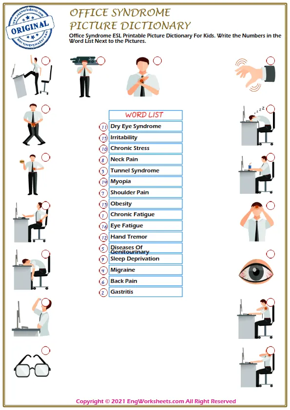 Office Syndrome ESL Printable Picture Dictionary For Kids. Write the Numbers in the Word List Next to the Pictures. Worksheet Preview