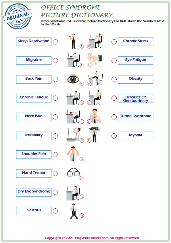 Office Syndrome ESL Printable Picture Dictionary For Kids. Write the Numbers Next to the Words. Worksheet Preview