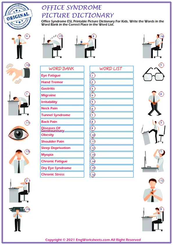 Office Syndrome ESL Printable Picture Dictionary For Kids. Write the Words in the Word Bank in the Correct Place in the Word List. Worksheet Preview