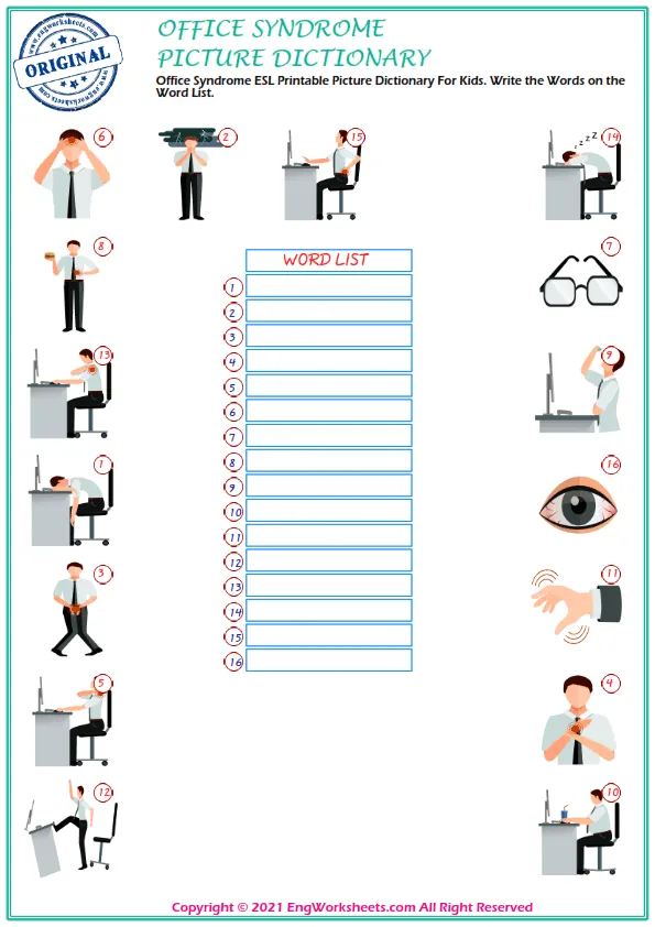 Office Syndrome ESL Printable Picture Dictionary For Kids. Write the Words on the Word List. Worksheet Preview