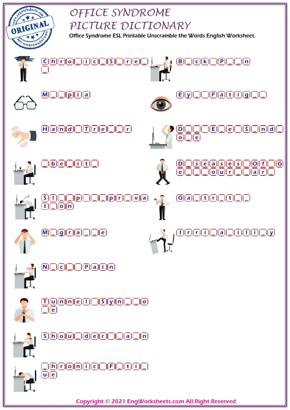 Office Syndrome ESL Printable Unscramble the Words English Worksheet.