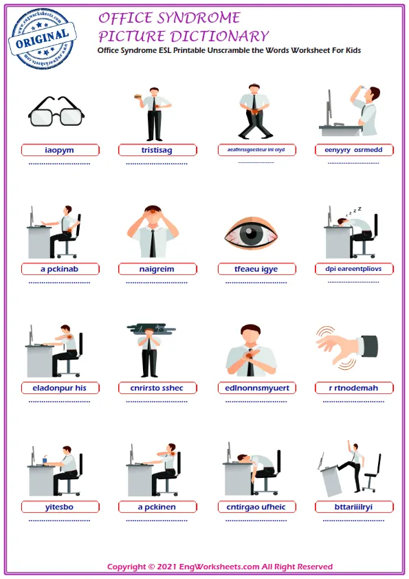 Office Syndrome ESL Printable Unscramble the Words Worksheet For Kids Worksheet Preview