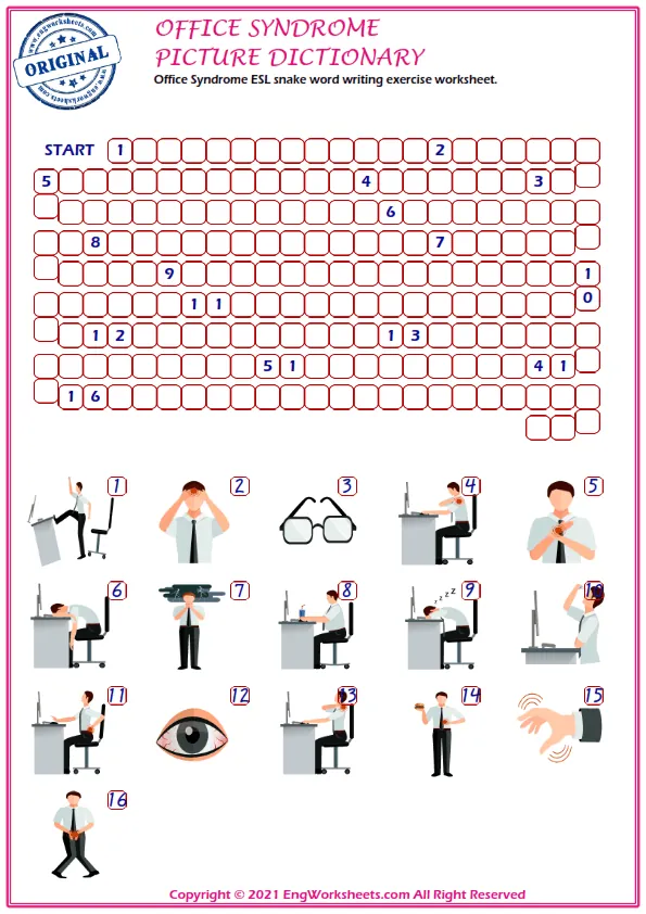 Office Syndrome ESL snake word writing exercise worksheet. Worksheet Preview