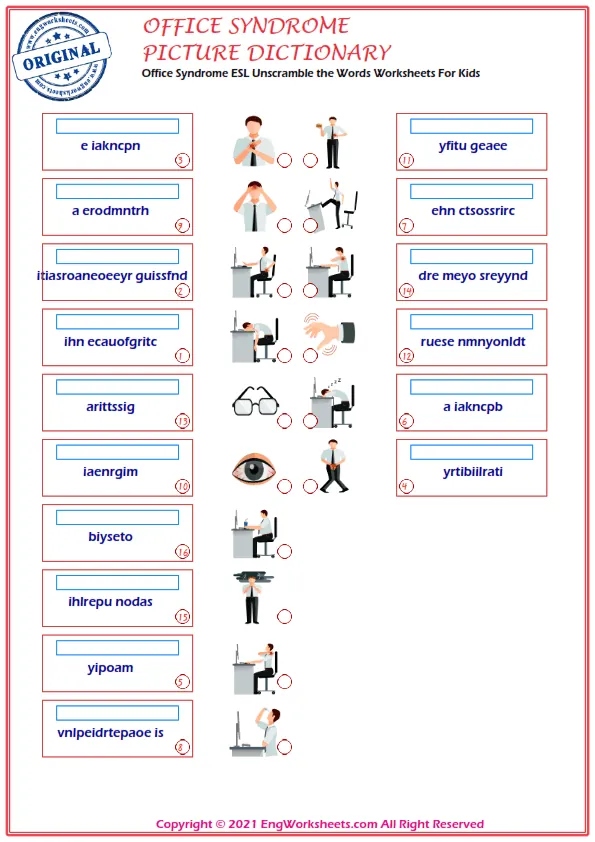 Office Syndrome ESL Unscramble the Words Worksheets For Kids Worksheet Preview
