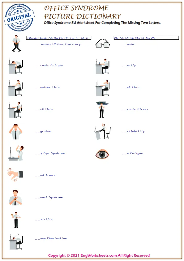Office Syndrome Esl Worksheet For Completing The Missing Two Letters. Worksheet Preview