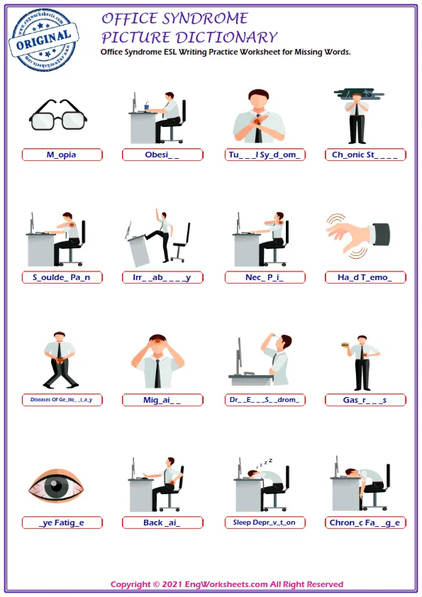 Office Syndrome ESL Writing Practice Worksheet for Missing Words. Worksheet Preview