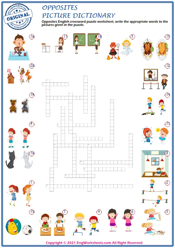 Opposites English crossword puzzle worksheet, write the appropriate words to the pictures given in the puzzle.