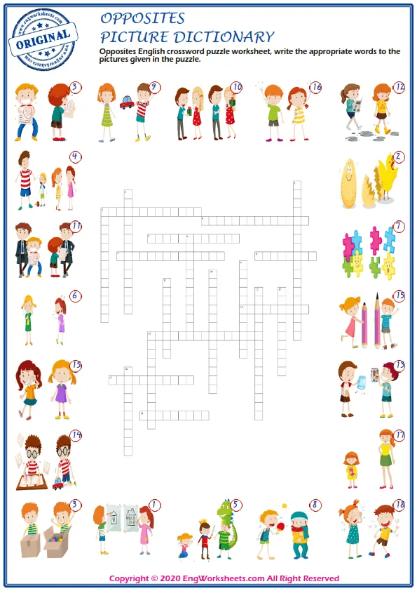 Opposites English crossword puzzle worksheet, write the appropriate words to the pictures given in the puzzle. Worksheet Preview