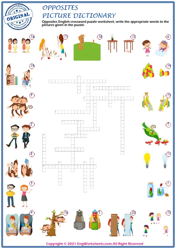 Opposites English crossword puzzle worksheet, write the appropriate words to the pictures given in the puzzle. Worksheet Preview