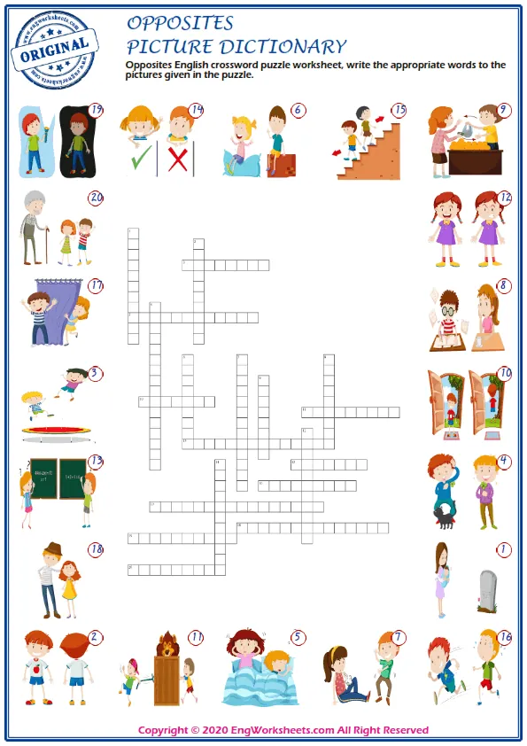 Opposites English crossword puzzle worksheet, write the appropriate words to the pictures given in the puzzle. Worksheet Preview