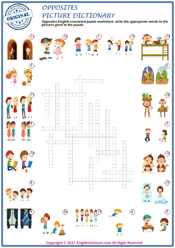 Opposites English crossword puzzle worksheet, write the appropriate words to the pictures given in the puzzle. Worksheet Preview
