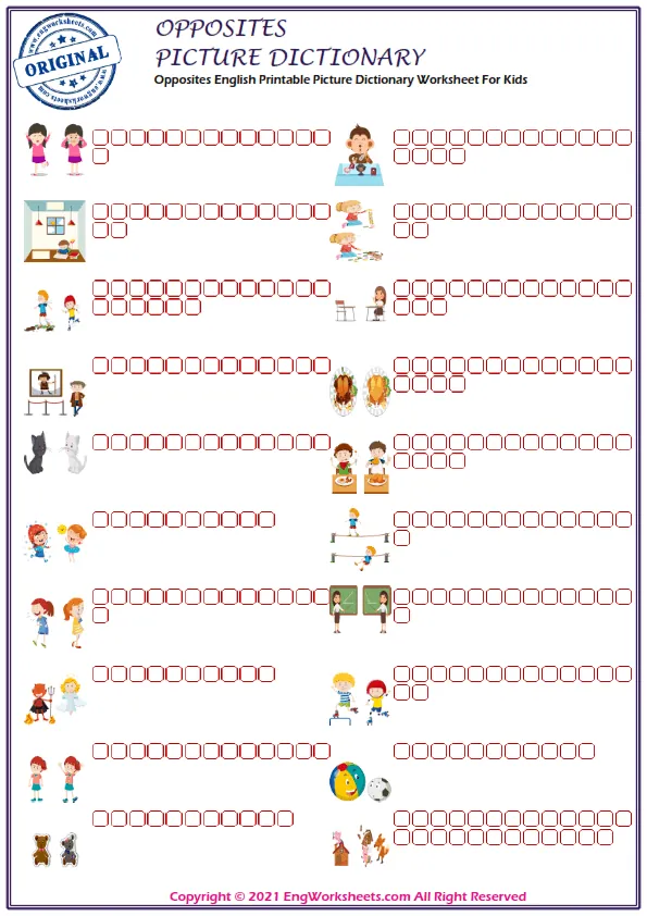 Opposites English Printable Picture Dictionary Worksheet For Kids